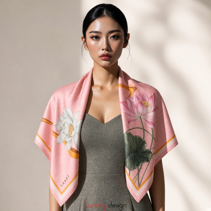 Silk scarf with Pink lotus  90*90cm